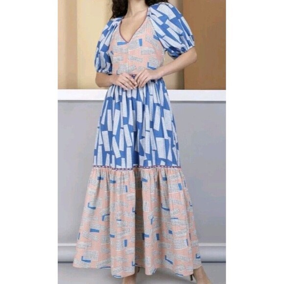 Conditions Apply Women's Cotton Puff Sleeves V-Neck Gabrieliya Maxi Dress M - Picture 3 of 9